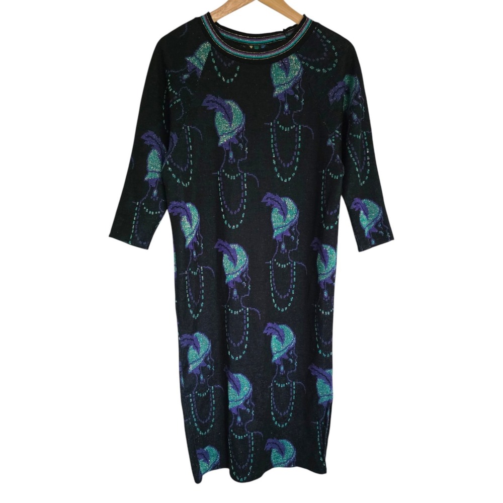 Vintage Bernie‎ Blue Metallic Jacquard Faces Sweater Dress Small Made in US